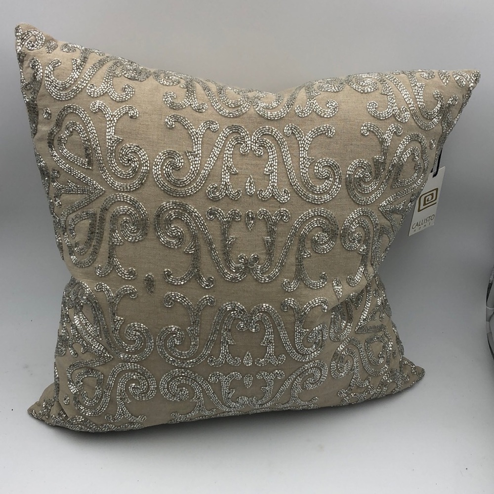 Callisto Home Taupe Silver Beaded Decorative Pillow